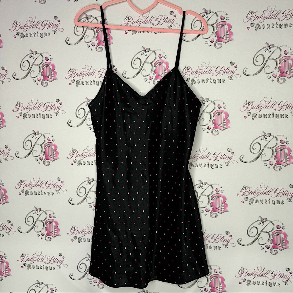 Morgan Taylor intimates dress slip black polka dot dotted pink red silky satiny